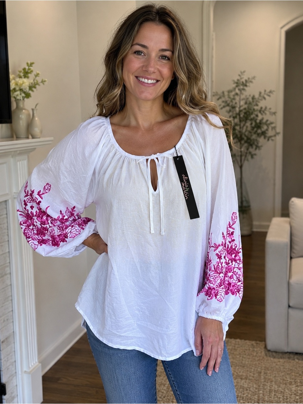 New Olivia & Martin Women’s White Peasant Blouse with Pink Floral Embroidery top